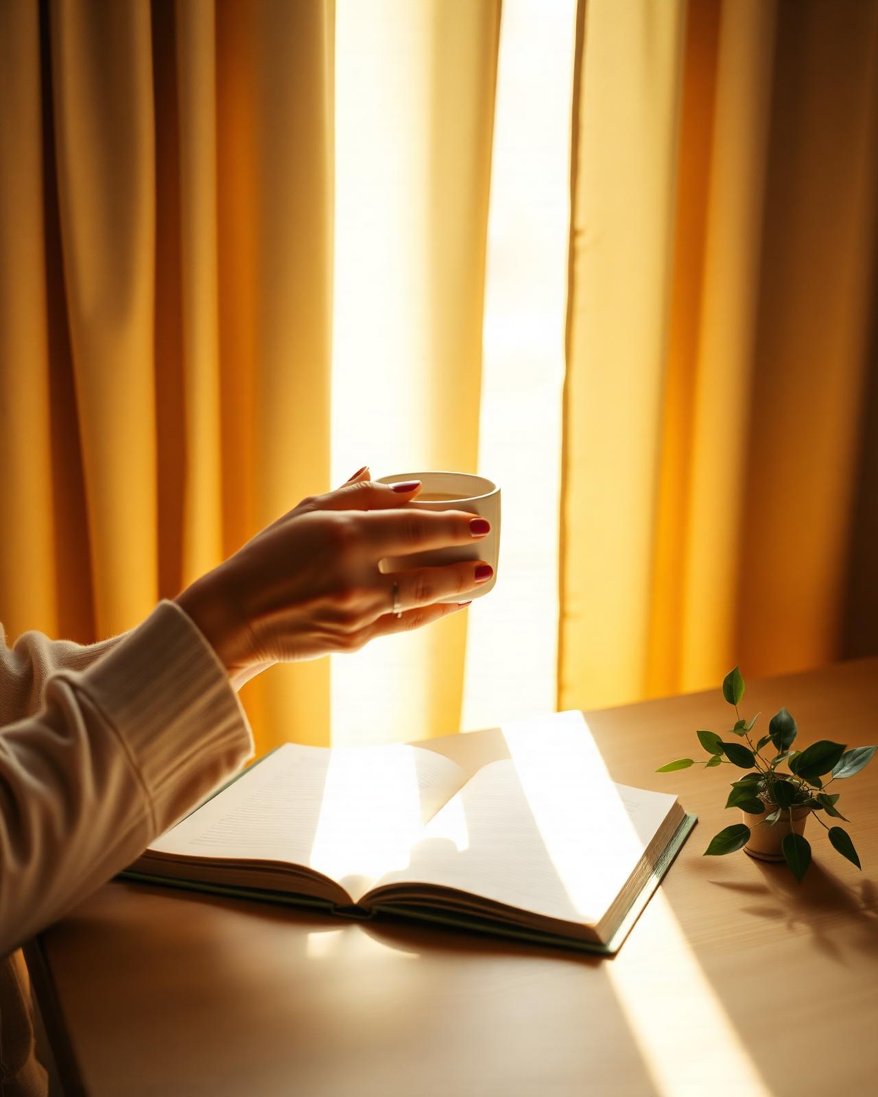 Manos sosteniendo una taza junto a un cuaderno abierto, luz cálida de mañana