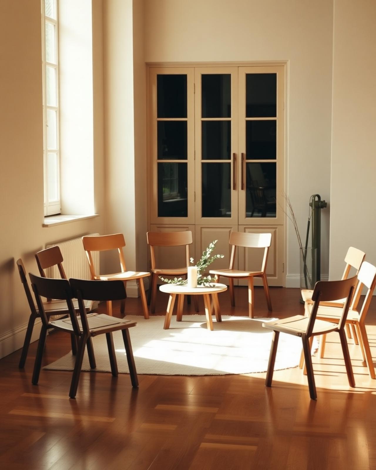 Círculo íntimo de sillas de madera en una sala luminosa con luz natural